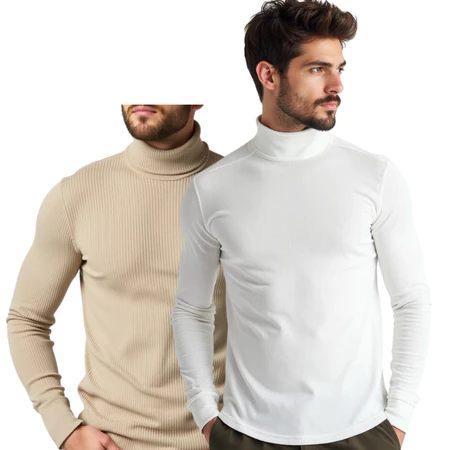 Kit com 2 Blusa Cacharréu Masculina Canelada Manga Longa Suéter Gola Alta de Frio
